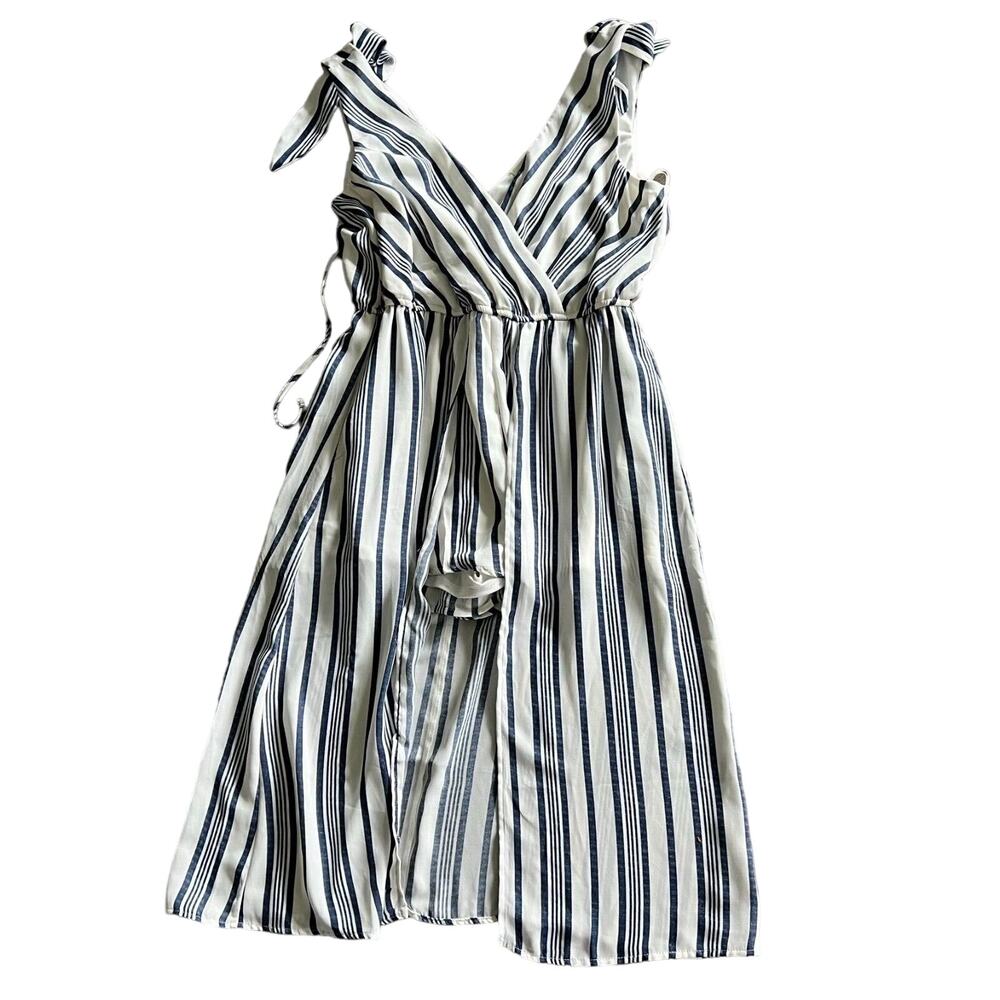ROW A NWT Large Mini Dress Faux Wrap Romper Sleeveless V neck blue white striped